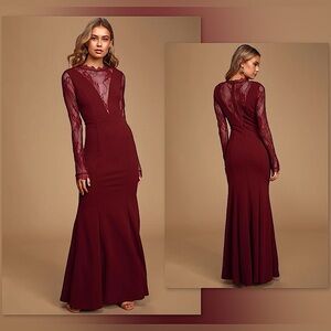 🍷Lulus Lovely Ever After Burgundy Lace Long Sleeve Mermaid Maxi Dress, S